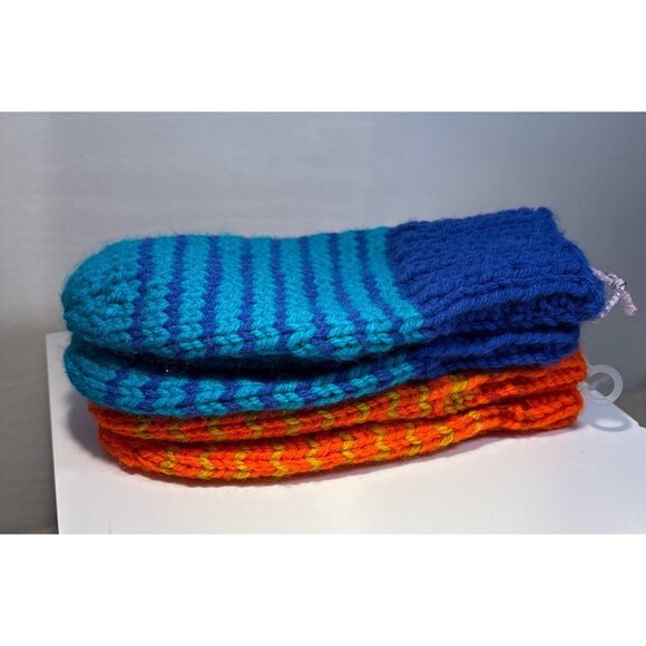 Hand Knit Mittens Kids Striped Orange & Blue 7.5" Long 2 pairs Winter New - Picture 3 of 3